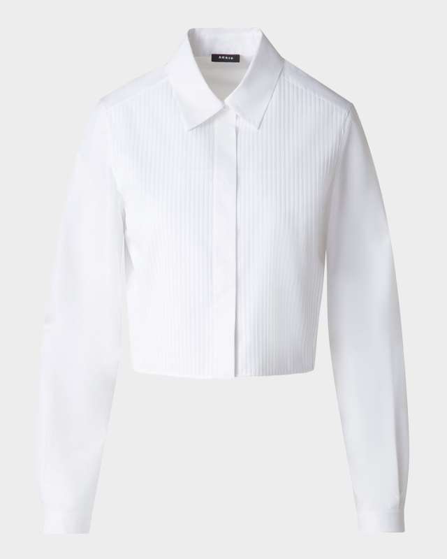 Pleated Cotton Voile Crop Button-Down Blouse